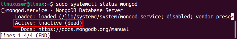 MongoDB server is inactive